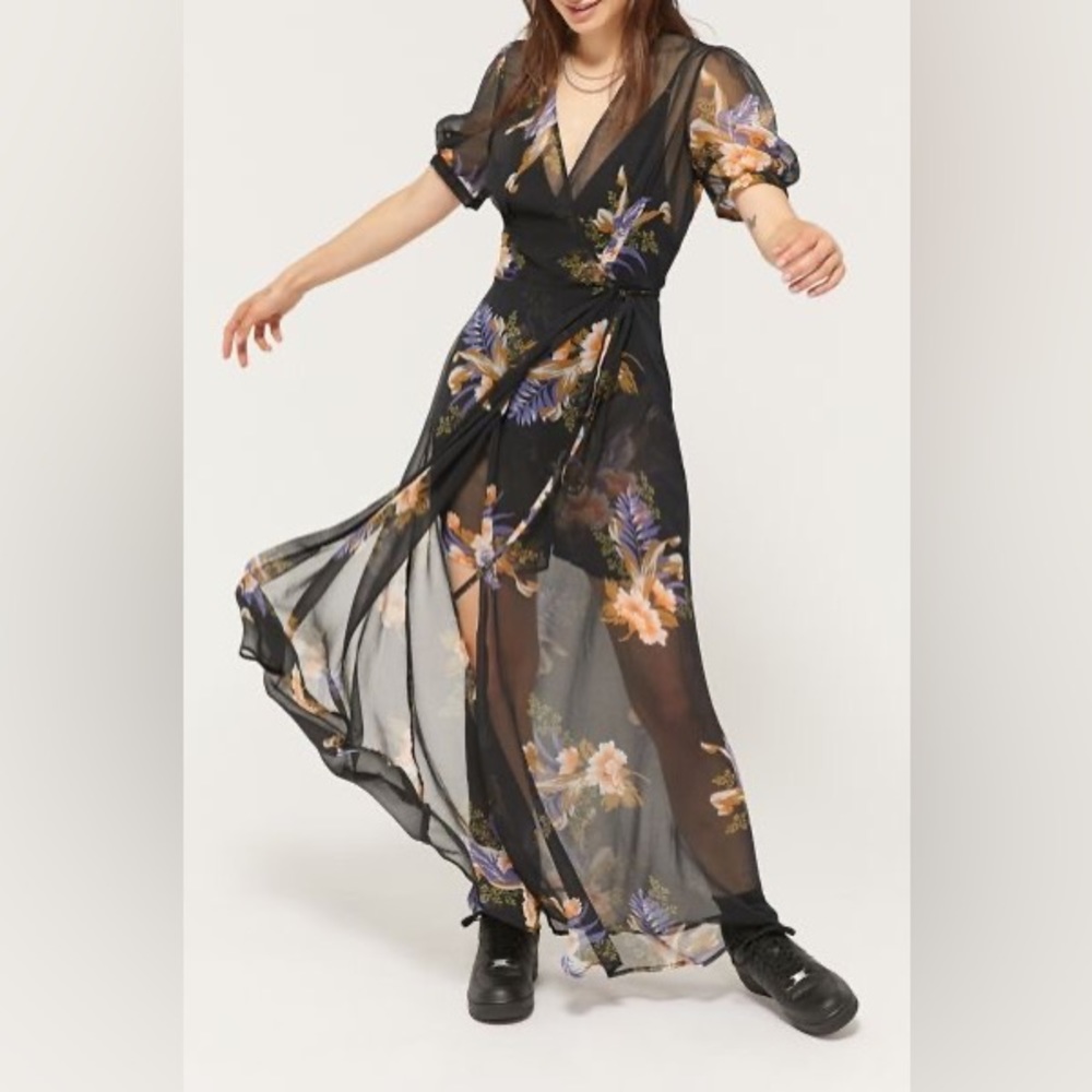 UO Lohi Sheer Floral Wrap Maxi Romper
